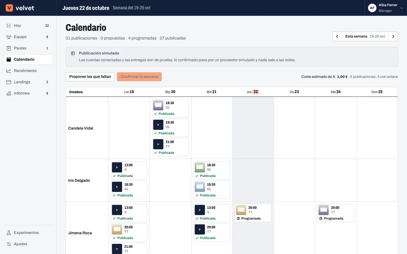 El calendario de la semana: una fila por creadora y una columna por día, con cada publicación y su estado
