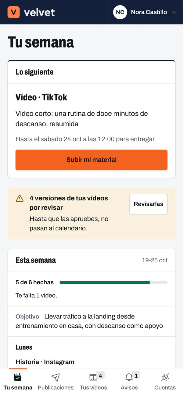 El inicio de una creadora en el móvil: lo siguiente, con su plazo y el botón para subir su material